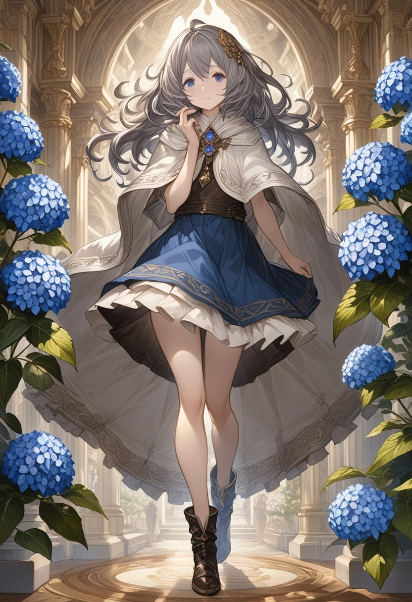 Grandblue_Fantasy_style_Xl, Grandblue,(Golden Ratio:1.2),[(Celadon Background:1.4)::10],(masterpiece), (最high quality), (Super detailed),(Disheveled Hair),(figure),1 Girl,alone,(masterpiece、最high quality、high quality)、(masterpiece、最high quality、high quality)、((((dramatic)))、(((intense)))Hydrangea growing from his face、Girl、Gray Hair、Blue bristles、Purple Eyes、Fantasy、Wearing a poncho、skirt、Analog Touch、Fantasy装飾、boots+[(Inception:1.2)],Ultra-high resolution, retina, Anatomically correct, Textured skin, Super detailed, 最high quality, High resolution shaded face, intricでe detail, cinemでic lighting, Great quality, Great shade, detailed Illustrでion, Official artwork, wallpaper, Highly detailed eyes and face, Beautiful attention to detail, ((masterpiece, 最high quality)),Full body image