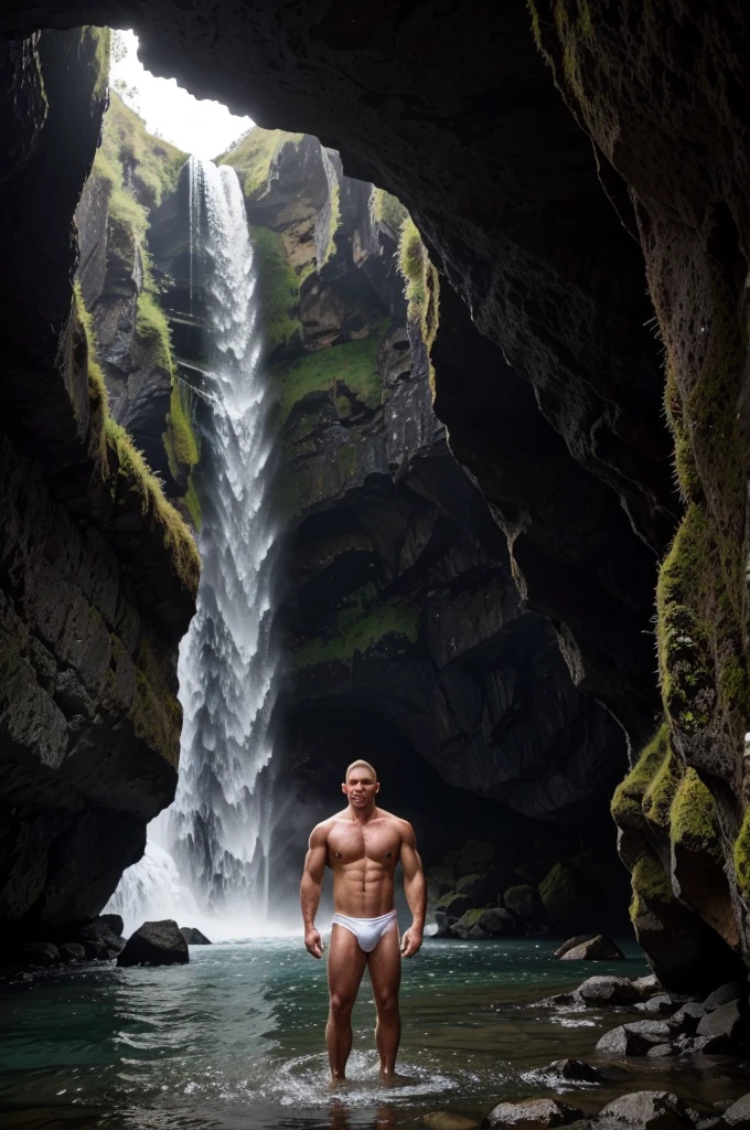 a mature daddy, light-colored hair, crew cut, stubble, beautiful nature scenery, muscular, tattoo, standing in the water under the waterfall, wet body, white speedo, white swimwear, big bulge, Handsome face, eyes with brightness, The man looks confident and determined, upper-body shot, body half in water, short hair, realistic water splashes, Icelandic landscape, Dynamic Angle, volumetric lighting, (Best quality, A high resolution, Photorealistic), Cinematic lighting, Masterpiece, RAW photo, Intricate details, hdr, depth of field