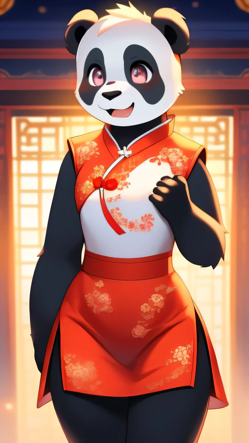 whole body像,best quality,high quality,Detailed body,Delicate eyes,Delicate face,masterpiece,best quality, Ultra-detailed illustrations, Warm colors, Ideal lighting, Perfect details, ( Boy furry panda:1.4) , Female face and body, Thick and unkempt hair, Chinese traditional clothing, Shy laugh, Sissy, Small waist, Wide hips, Slim, Perfect body, style &References;No need&References;whole body,Three-toed foot,3 toes