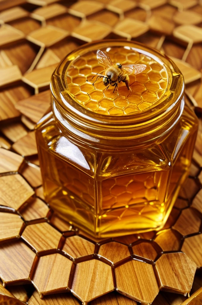 Honey label of a queen bee with a crown on a honeycomb hexagon background with honey jar