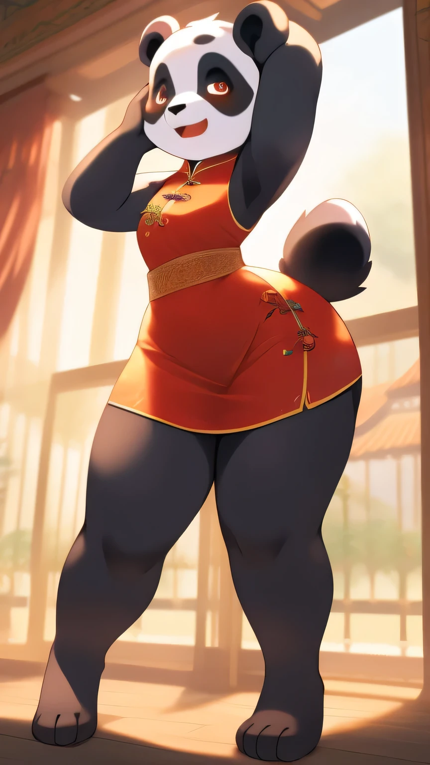 whole body像，best quality,high quality,Detailed body,Delicate eyes,Delicate face,masterpiece,best quality, Ultra-detailed illustrations, Warm colors, Ideal lighting, Perfect details, ( Boy furry panda:1.4) , Female face and body, Thick and unkempt hair, Chinese traditional clothing, Shy laugh, Sissy, Small waist, Wide hips, Slim, Perfect body, style &References;No need&References;whole body,Three-toed foot,3 toes