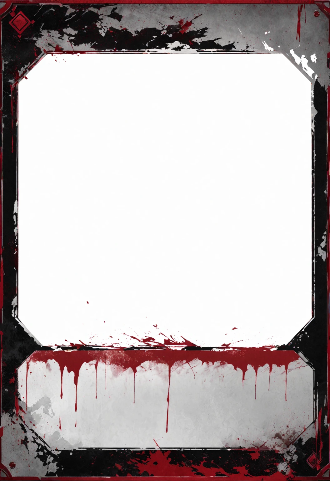 A card border UI，Modern urban minimalist style，Suspense style，Overall like a character profile。Leave a square blank space in the middle，There is a ruby under the bezel，There are two offset prints on the top left and right corners。Parchment backing，There are blood stains on it。Black and white main color。