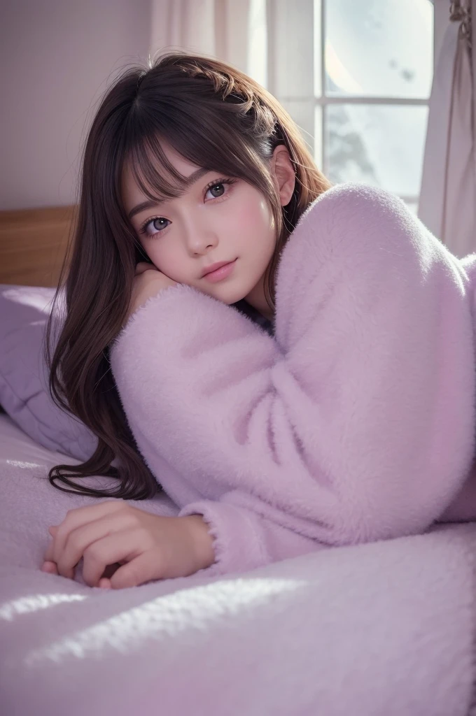 Beautiful young woman, Anime Style, Detailed face, Wearing cozy pajamas, Lying in bed, Relaxed sleepy look, Cozy bedroom, Moonlight shining through the window, Soft and fluffy blanket, Detailed background with bedroom elements, High detail, 8K resolution, Cinema Lighting, Highest quality, Gentle shadows, Pastel Color Palette, Instagrammable, Cute and relaxing, beautiful, Warm and cozy atmosphere