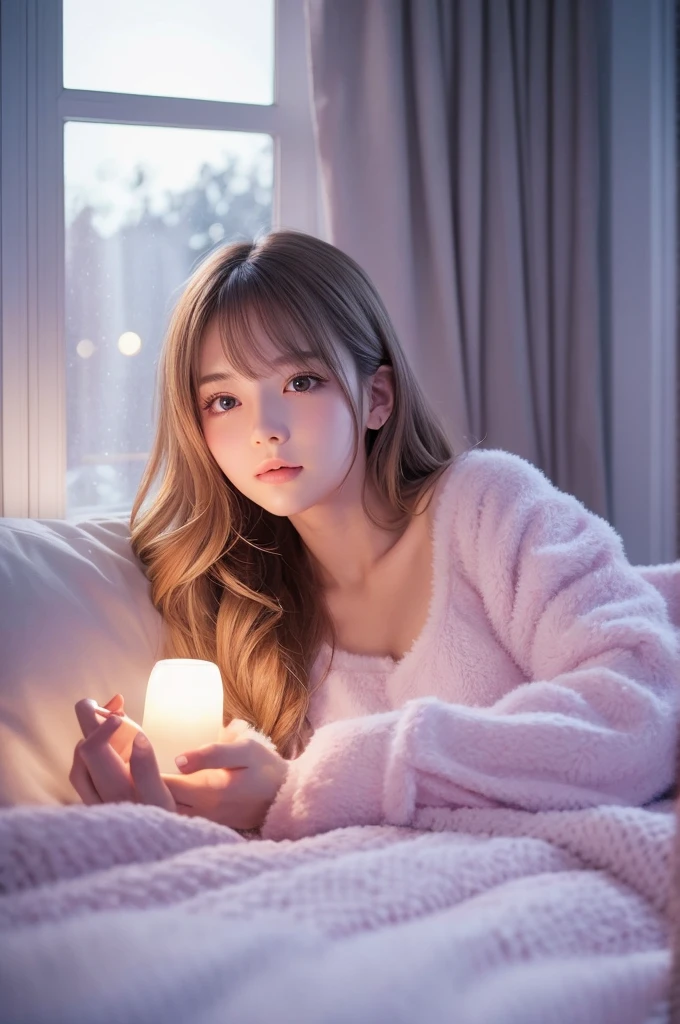 Beautiful young woman, Anime Style, Detailed face, Wearing cozy pajamas, Lying in bed, Relaxed sleepy look, Cozy bedroom, Moonlight shining through the window, Soft and fluffy blanket, Detailed background with bedroom elements, High detail, 8K resolution, Cinema Lighting, Highest quality, Gentle shadows, Pastel Color Palette, Instagrammable, Cute and relaxing, beautiful, Warm and cozy atmosphere