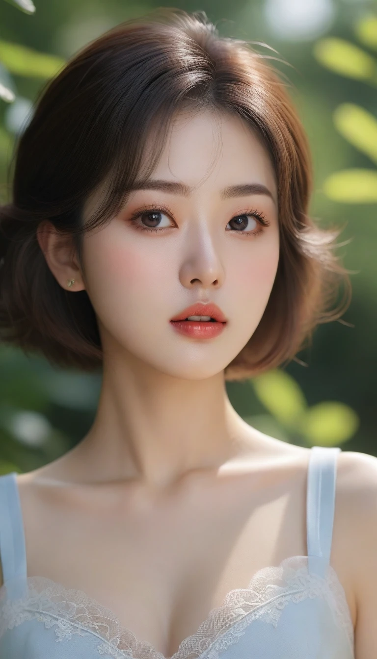 best quality, 4K,8K,realistic, realistic, very detailed, very delicate and beautiful, raw photo, Japanese and Korean beauties,korean beauty,Wear JK, ,big bust,(beautiful detailed eyes,beautiful and delicate lips,Highly detailed eyes and face,long eyelashes), Short hair카락, , In a picturesque garden filled with sunlight. The quality of the work is top notch, 매우 상세한 기능과 realistic, realistic touch. Colors are vibrant,Lighting creates a warm atmosphere, Expressionless mood with tightly closed lips. Short hair, Show your waist, make the skirt visible