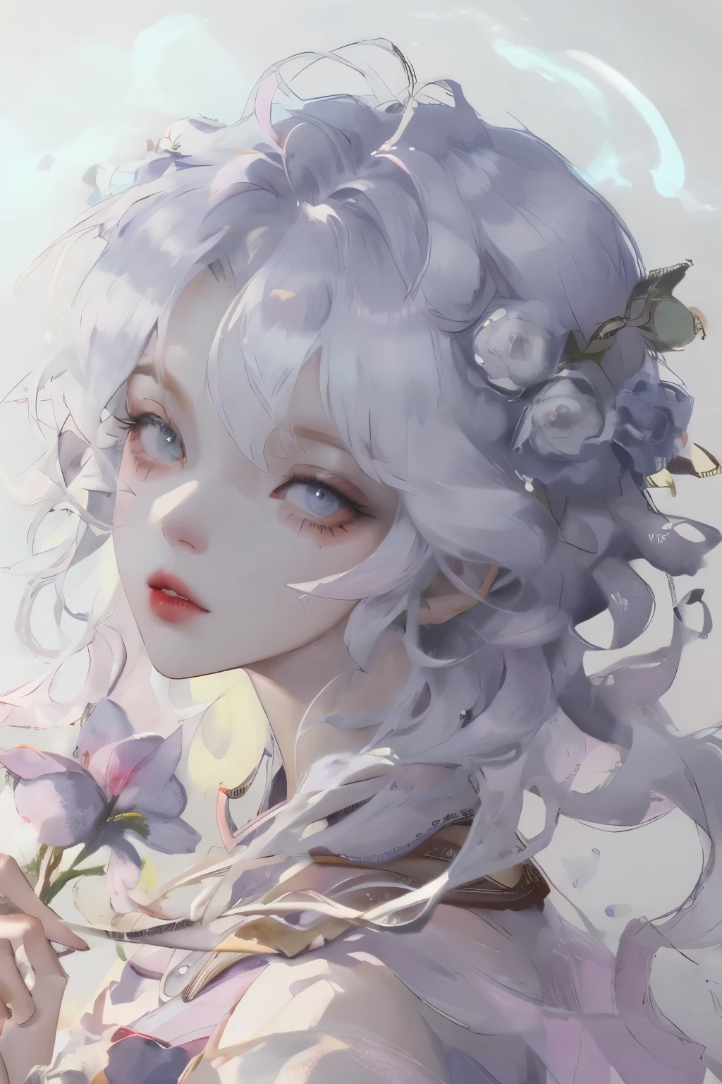 Sketch drawn with watercolor,A highly detailed head portrait showing her with flowers in her hair, Extremely detailed eyes, beautiful eyes, Image perfectly centered, White space around the drawing, Focus on facial lines, , The Artistic Fusion of Carnegie Griffith and Alphonse Mucha, 32k resolution, Best possible quality, like a doll