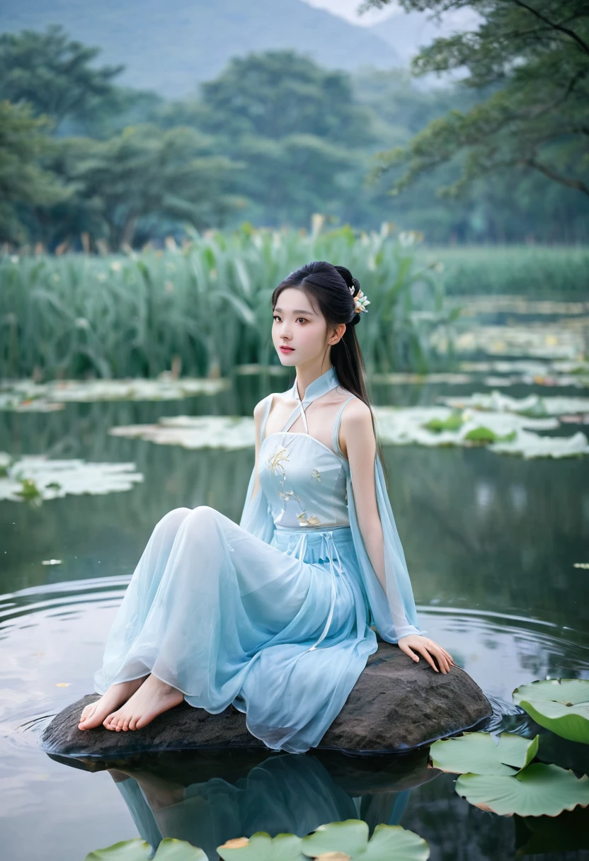 There is a blue skirt, 16 Long Legs, A woman sitting on a rock in the water, Standing gracefully on the lotus, Ethereal Beauty, Wearing blue cheongsam, court, Girl wearing Hanfu, Wearing blue cheongsam, Full of fairy atmosphere, In the pond, White Hanfu, A stunning young ethereal figure, floating dress, Light Blue, hair behind ear
