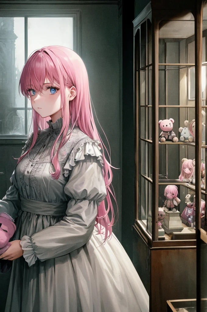 1girll, Pink hair, Blue eyes, ), Face focus, Long hair, side locks, holding teddy bear, Atmospheric lighting, Moody, Darkness, In an abandoned old museum, Clear glass display case full of interesting items, Dusty, Post-apocalypse, spiderwebs, masterful, Beautiful 8k wallpaper, Extremely detailed, Intricate，Bust photo
