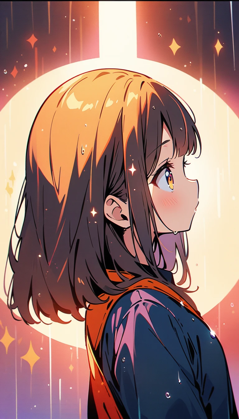 (最high quality, 4K, Attention to detail, high quality:1.2), Ultra-high resolution, (retina:1.1), Cinema Lighting, It rains, Turn around、Recedes, 1girl, sparkle, cute, Illustration Style
