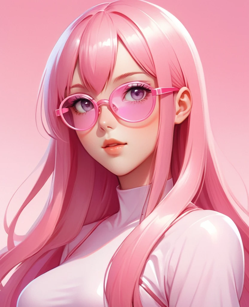 Beautiful anime girl with long pink straight hair and bangs, wearing light pink glasses, wearing a glossy outfit against a pink background, with hyper quality in the style of Artgerm, and in a y2k aesthetic Kawaii manga style, with soft lighting and pastel colors in the style of Loish, with shiny eyes as a digital illustration closeup portrait, with a cute cartoon character design featuring bold lines at a high resolution as a full body shot concept sheet digital painting with flat shading from a low angle featuring bright pink and detailed facial features, baodada. beautiful and gorgeous.