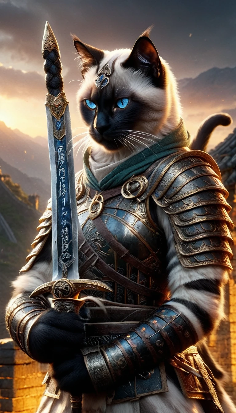 official art, unified 8k wallpaper, super detailed, Beautiful and beautiful, masterpiece, best quality, to movies《lord of the ring》style of，Real-life scenarios，Epic war scenes，(a Siamese Cat warrior:1.4)，(full body:1.2), Put on exquisite armor，holding a longsword，In battle，The Great Wall background，Cool colors，texture，Ray tracing，