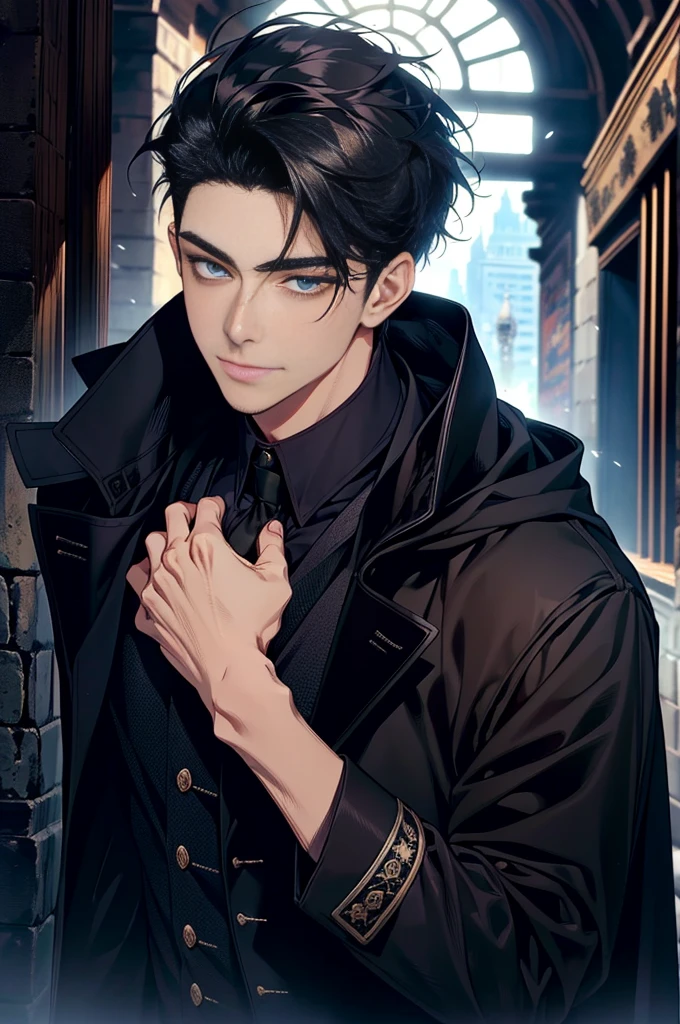 Masterpiece, Highest quality, realistic, 1 person, mature man, A quiet and charming young man, 30 years old, smile, gag, Portrait, Highly detailed face, 寒さとsmile, ((blue eyes)), ((black short hair)), [Thick eyebrows], dark palace, ((black long coat)), ((all black)), (blue eyes) ,Short Black Quiff Hair with Soft Fringe, handsome , muscle, Facial expressions, Black Knight Armor , black fur shawl(Masterpiece,best quality,special, (Broad shoulders)) (muscle), male focus, holding a long sword