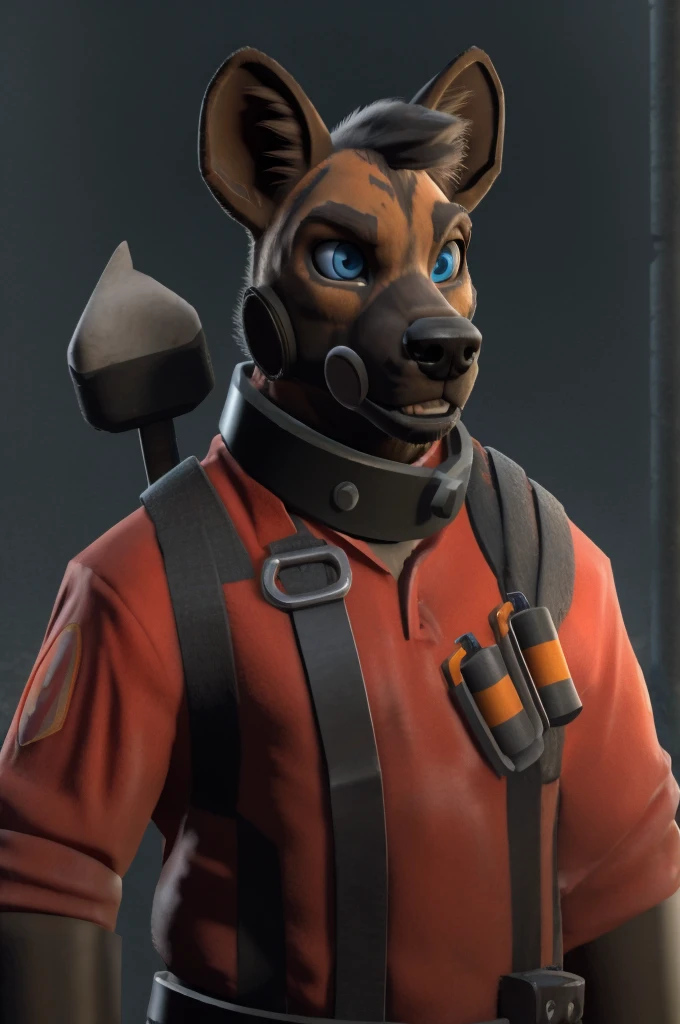 handsome, hyena, scruffy fringe, collar, blue eyes, good eyes, team fortress 2 style, dressed as pyro form team fortress 2