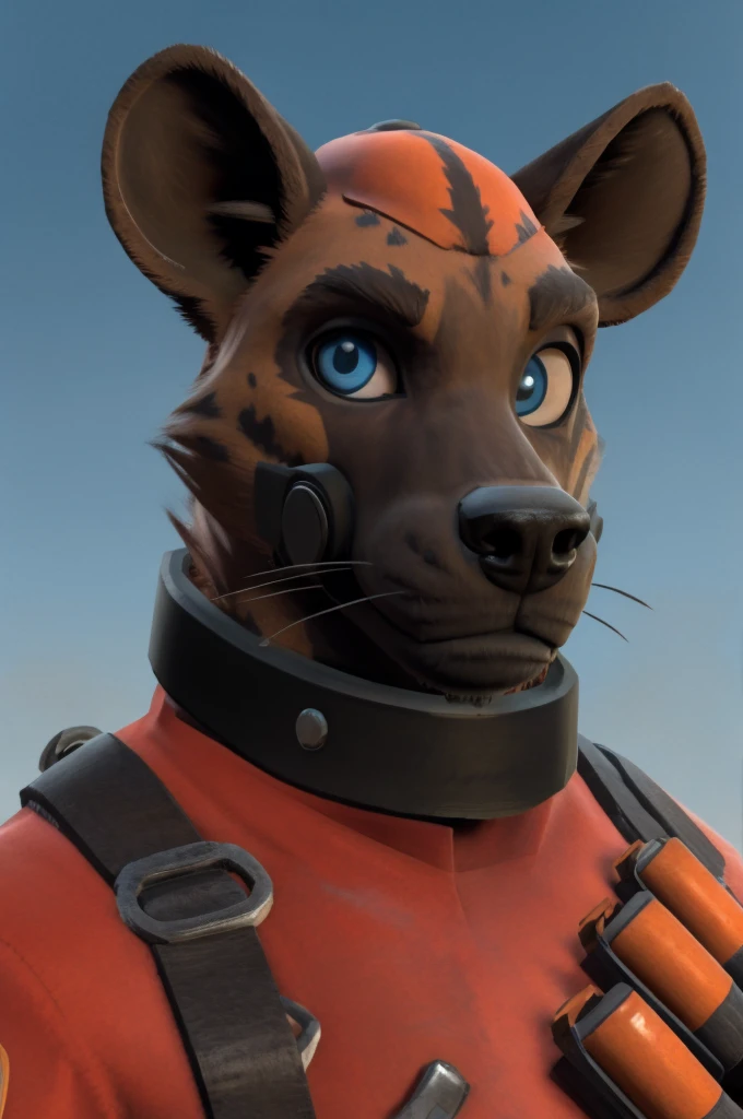 handsome, hyena, scruffy fringe, collar, blue eyes, good eyes, team fortress 2 style, dressed as pyro form team fortress 2