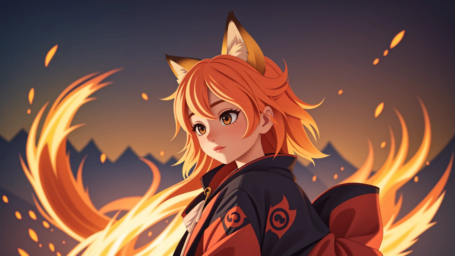 1girl,solo,, official art, unity 8k wallpaper, ultra detailed, beautiful and aesthetic, beautiful, masterpiece, best quality,, Kitsune witch, fox mask, haori jacket, foxfire spell, fox familiar, transformation,