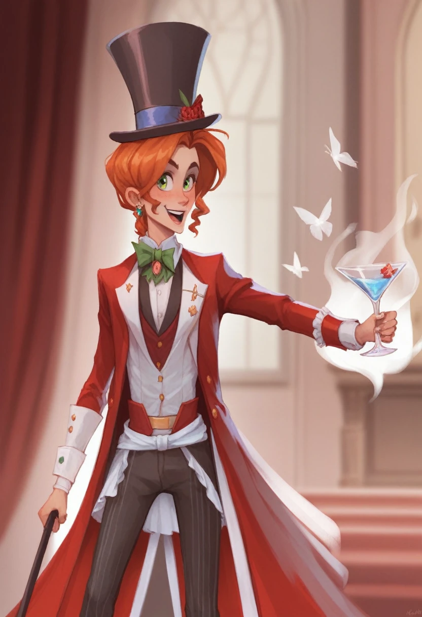 a close up of a person in a top hat and a red coat, magician, the madhatter, inspired by Louis Grell, dapper dream demon, with a glass eye and a top hat, the magician, the mad hatter, magical aura of insanity, portrait of a red sorcerer, machiavellian puppetmaster, fanart
