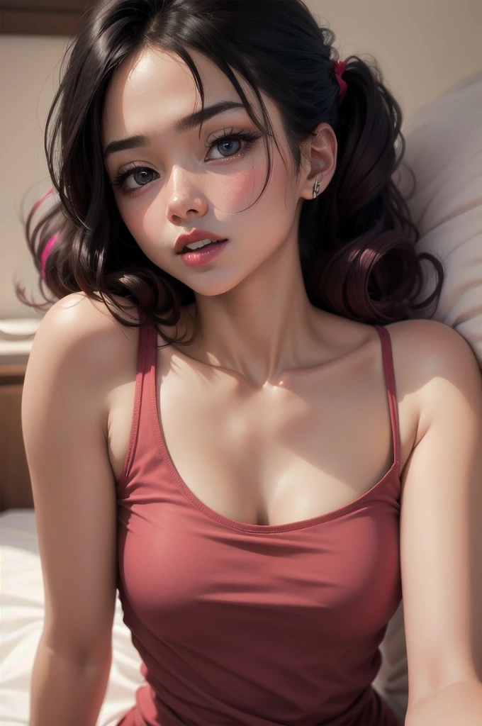 close up shot, cute , Black hair in two medium ponytails, sexy eyes, intense eye contact, small nose, red lips, orgasmic face, neck, clavicle, loose dark pink t-shirt, bare shoulders, lying on bed, put one&#39;s head on the pillow, Come across, Confront, bed, bedroom, darkroom, 1 lamp,, in bed, Sex, Pussy exposed, 