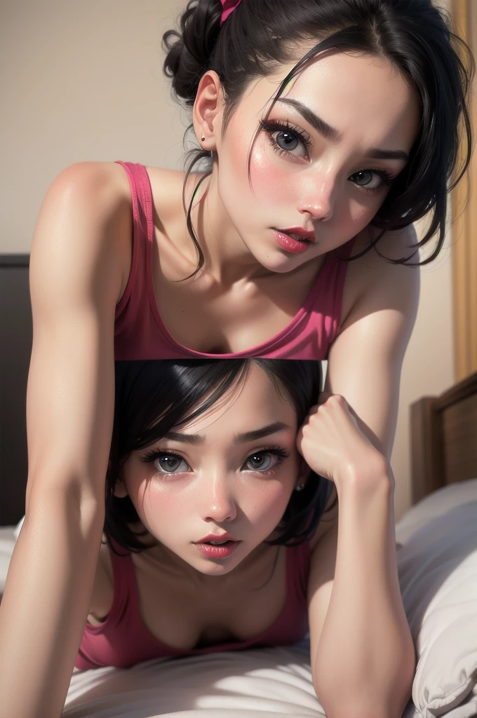 close up shot, cute , Black hair in two medium ponytails, sexy eyes, intense eye contact, small nose, red lips, orgasmic face, neck, clavicle, loose dark pink t-shirt, bare shoulders, lying on bed, put one's head on the pillow, Come across, Confront, bed, bedroom, darkroom, 1 lamp,, in bed, Sex, Pussy exposed,