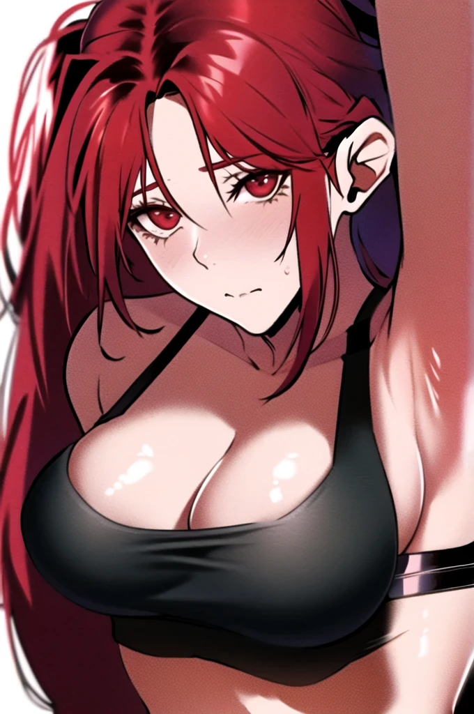 1girl, black tanktop, loose tanktop, midriff, closed mouth, ero404, necklace, hair between eyes, large breasts, long hair, looking at viewer, ponytail, red eyes, white hair, solo, very long hair, white background, (masterpiece),(best quality), armpits, sweat, netorare,