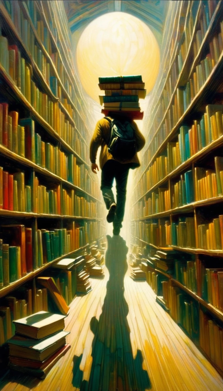 large library, huge shelves, dome, some clutter, a grown man carries books in his arms (art inspired by Dave Mckean and Bill Sienkiewicz). oil painting)