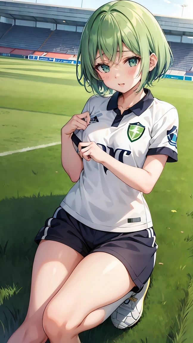 Girl with short green hair, Small size breasts,、Green Eyes, 、,Full body photo from head to toe、soccer player、Soccer uniforms、、Uplifting、Run in、Super Play、Take the shot、Hot Scene