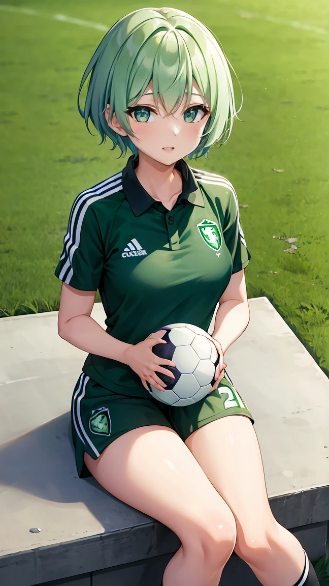 Girl with short green hair, Small size breasts,、Green Eyes, 、,Full body photo from head to toe、soccer player、Soccer uniforms、、Uplifting、Run in、Super Play、Take the shot、Hot Scene