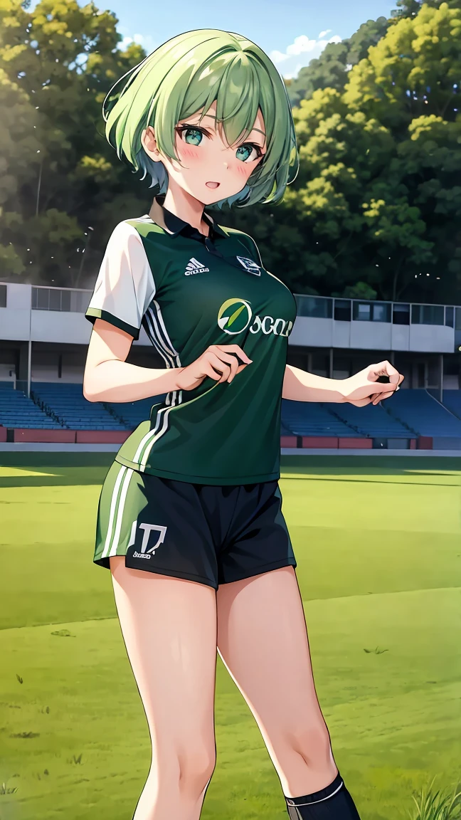 Girl with short green hair, Small size breasts,、Green Eyes, 、,Full body photo from head to toe、soccer player、Soccer uniforms、、Uplifting、Run in、Super Play、Take the shot、Hot Scene