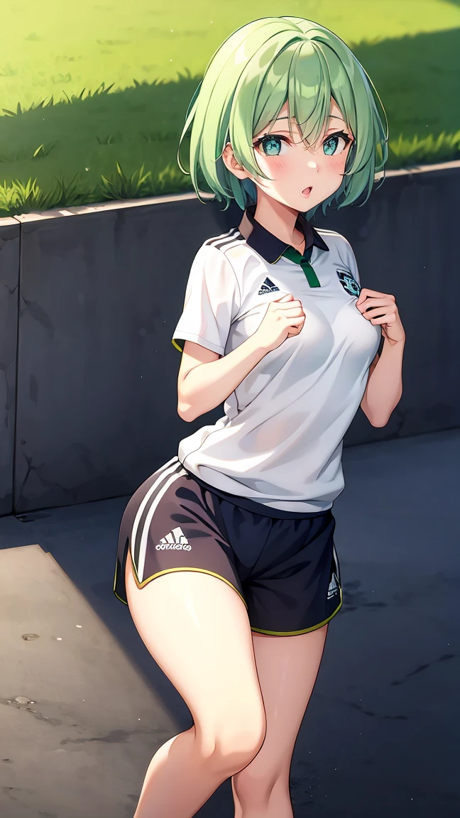 Girl with short green hair, Small size breasts,、Green Eyes, 、,Full body photo from head to toe、soccer player、Soccer uniforms、、Uplifting、Run in、Super Play、Take the shot、Hot Scene