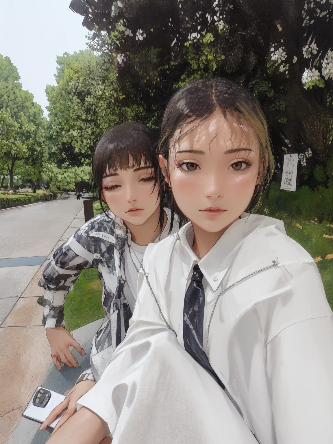 A beautiful detailed portrait of two young women, wearing elegant dresses, standing in a lush garden with blooming flowers, sunlight filtering through the leaves, high quality detailed faces, intricate hairstyles, delicate makeup, serene expressions, photorealistic, 8k, highly detailed, award winning art, cinematic lighting, vibrant colors, seamless composition