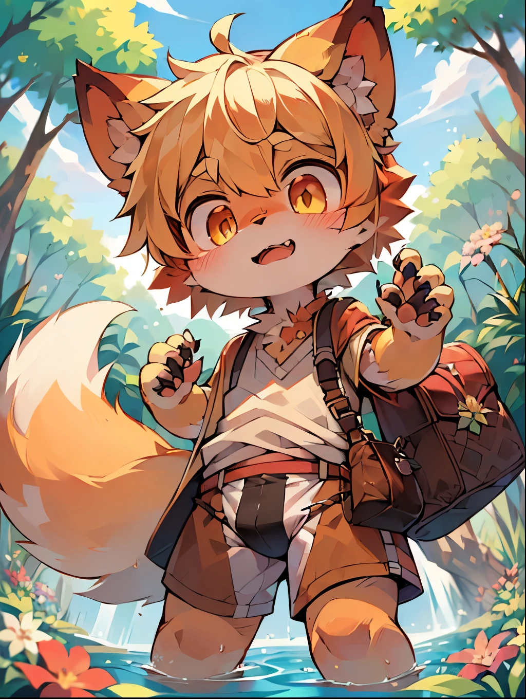 masterpiece,high quality,abstract res,number\(artwork\), From dagasi, Yes,Seizan,(Flower Charcoalo,蓬松的fur,character focus:1.1),Flower Charcoalo male cat,short hair,portrait , Bright eyes, panoramic, character focus.(Detailed background:0.7), solo, hairy, hairy male, Male focus, 时光的masterpiece,high quality,abstract res,number\(artwork\), From dagasi, Yes,Seizan,(Flower Charcoalo,蓬松的fur,character focus:1.1),Human male fox,Bright eyes, panoramic, character focus.(Detailed background:0.6), solo, hairy, hairy male, Male focus, Flower Charcoal,(全身hairy, hairy的尾巴)fur,A -year boy,e,Hip bulge,Toddler,Blood-red pupils,A tail with a white tip,The ends of the limbs are white,cute的肉垫,Claw,cute的男孩们,The ear tips are orange,Big hairy ears,hairy的大尾巴,,Full Body Love,Reasonable composition,Orange Hair,adventurer clothing,Brown cloth bag,In the woods,Extremely fine water,White loincloth,Slightly reddened,Dress coolly,金黄short hair,Pale yellow hair,淡黄short hair。