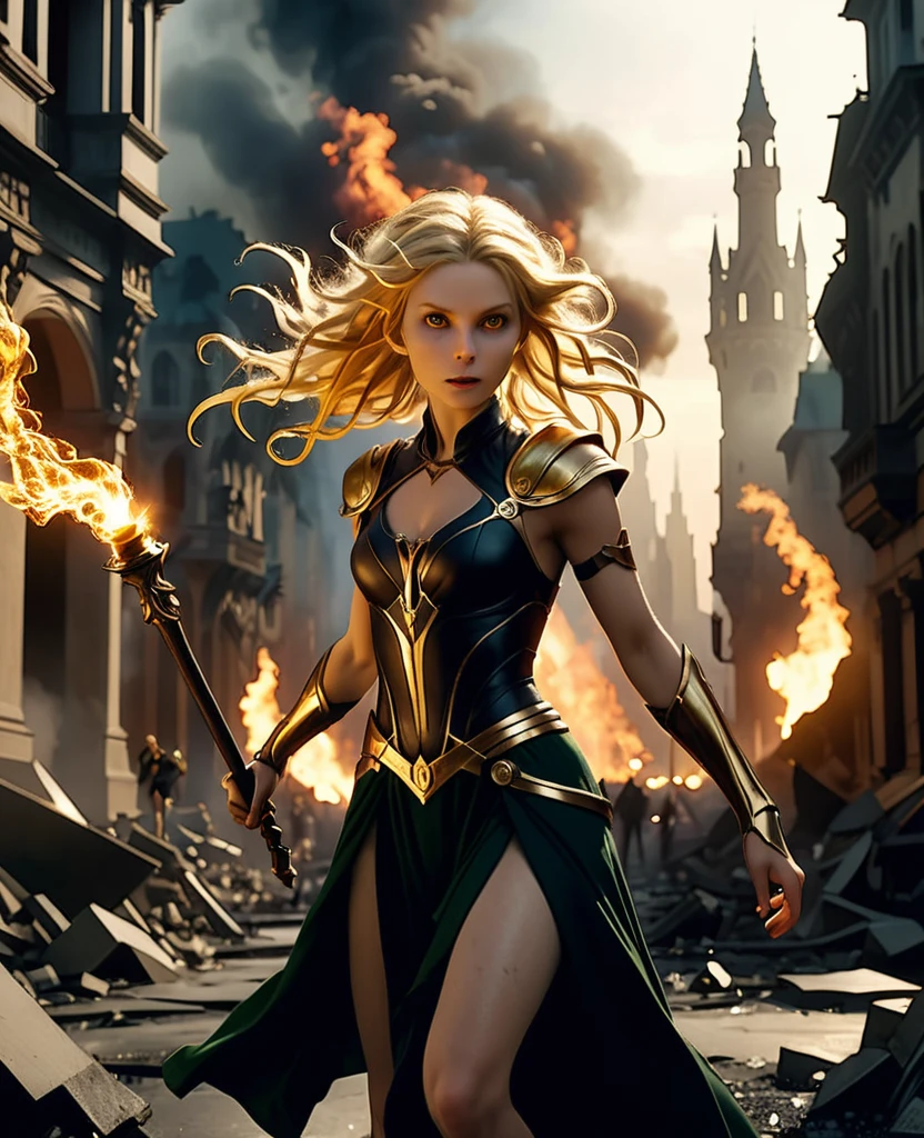 Film directed by Peter Jackson, Spike Lee. Female black fire wisp with gold eyes angry crinkled nose and sparkling skin crouches in Vast destroyed elven city. cracked skin. Wisp made of thick black swirling smoke. Very long swirling torch hair twists like black fractals. people running from destroyed city in background. Explosions, rubble. Renaissance, Soft light, bokeh, Final Fantasy, Klimt, Hans Bellmer, Unsplash