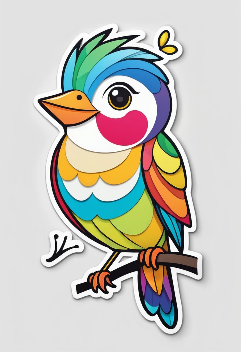 sticker, happy colored bird, Paper Cutouts and Collages style, outline, vector, white background