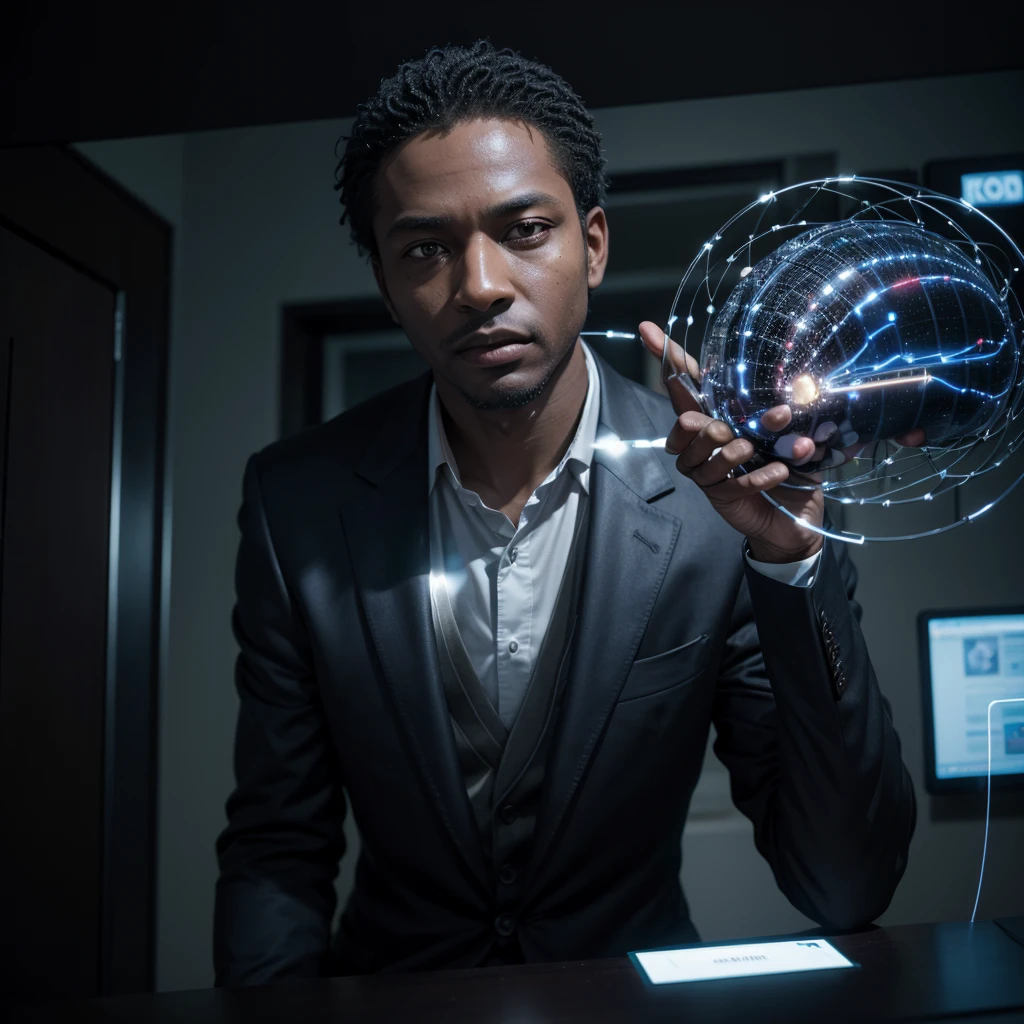 naughty man,dark-skinned,in a suit,with brain connected to artificial intelligence,in house
