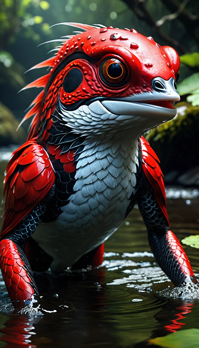 There is a red creature in the river that is a combination of a fish head and a human body.，Mysterious Creatures, shrike, (best quality，4K，8K，High level，masterpiece：1.2），Ultra Detailed，（lifelike，Photo real，Photo real：1.37），Highly detailed animals，Complex patterns，Realistic lighting，Fantasy Creatures