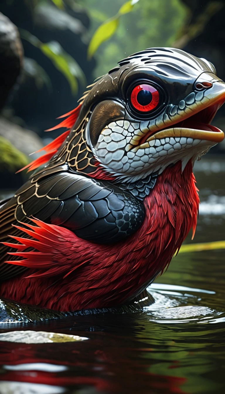 There is a red creature in the river that is a combination of a fish head and a human body.，Mysterious Creatures, shrike, (best quality，4K，8K，High level，masterpiece：1.2），Ultra Detailed，（lifelike，Photo real，Photo real：1.37），Highly detailed animals，Complex patterns，Realistic lighting，Fantasy Creatures