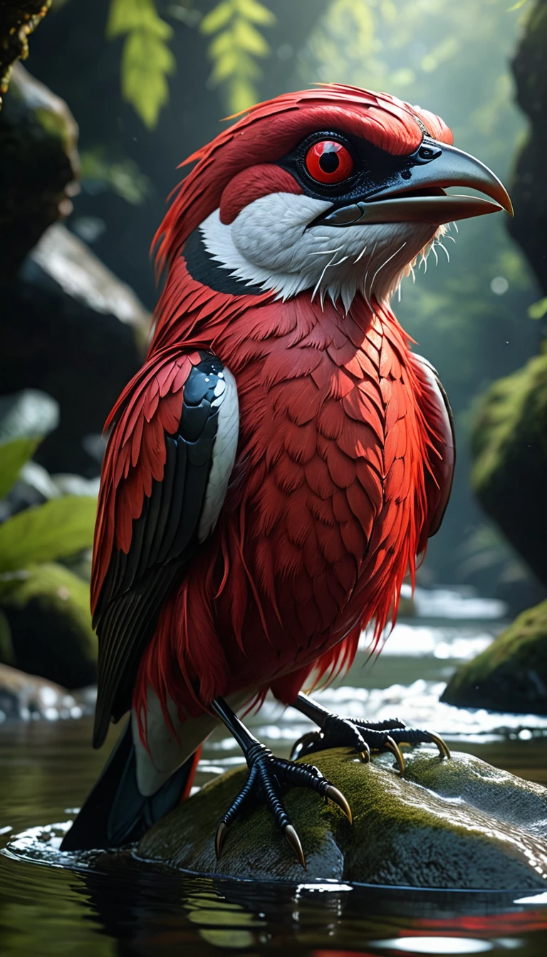 There is a red creature in the river that is a combination of a fish head and a human body.,Mysterious Creatures, shrike, (best quality,4K,8K,High level,masterpiece:1.2),Ultra Detailed,(lifelike,Photo real,Photo real:1.37),Highly detailed animals,Complex patterns,Realistic lighting,Fantasy Creatures
