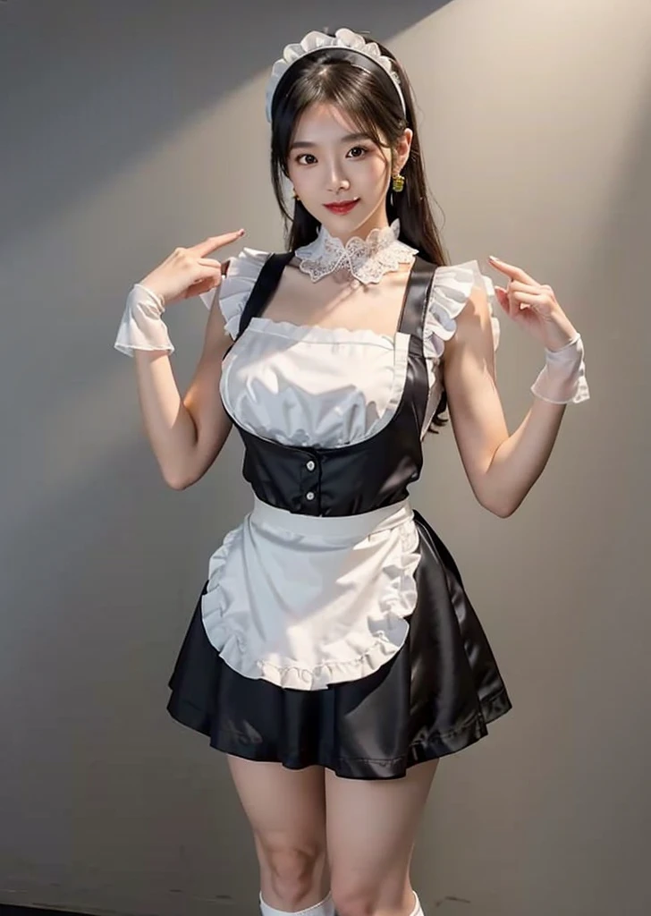 Medium chest, Dressed, Perfect lighting, break, (Maid clothes:1.5), (Black and White Palette:1.2), (Lace details:1.3), (Silk material:1.2), (Apron dress:1.4), (fit&Flared silhouette:1.3), (White lace blouse:1.4), (Black vest:1.2), (Gold Button:1.1), (High Waist Skirt:1.3), (Black flared skirt:1.4), (White knee-high socks:1.3), (Black Mary Jane Shoes:1.2), (Lace Headband:1.2), brake, (From the upper body to the knees:1.2), (An elegant maid pose with her skirt slightly lifted with one hand:1.4), (Simple and elegant interior background:1.2), 日本woman, smile, 23 years old,woman,Brown long straight hair,Wet body,Perfect body,Trained abdominal muscles,Shiny skin,Highest quality,日本のwoman一人,diamond,Earrings
