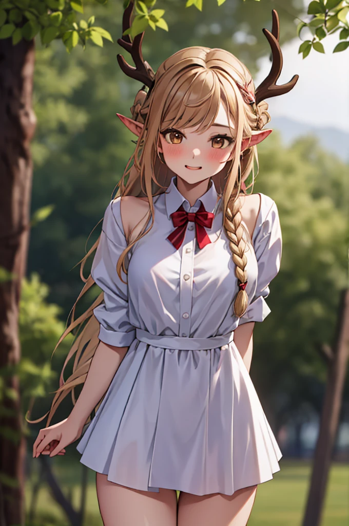 best qualityer,work of art, 1 girl, standing alone, modelling, incredible, Aline, (((wore))), antlers, deer ears, look at the users, ssmile, blush, clip,(( braid)), hair ornamen, ((hair clip)), 