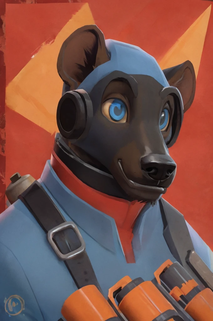 handsome, hyena, scruffy fringe, navy blue collar, blue eyes, good eyes, team fortress 2 style, dressed as pyro form team fortress 2