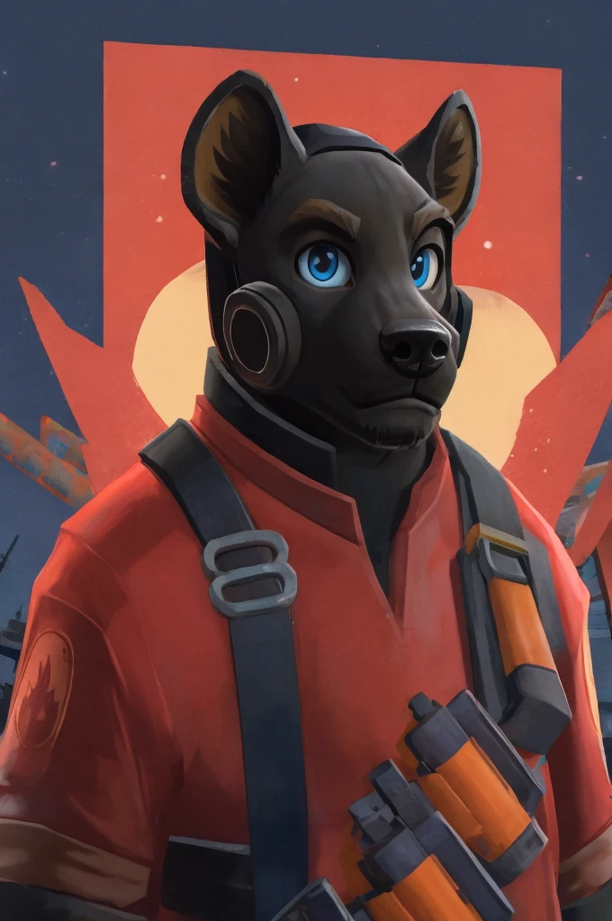 handsome, hyena, scruffy fringe, navy blue collar, blue eyes, good eyes, team fortress 2 style, dressed as pyro form team fortress 2