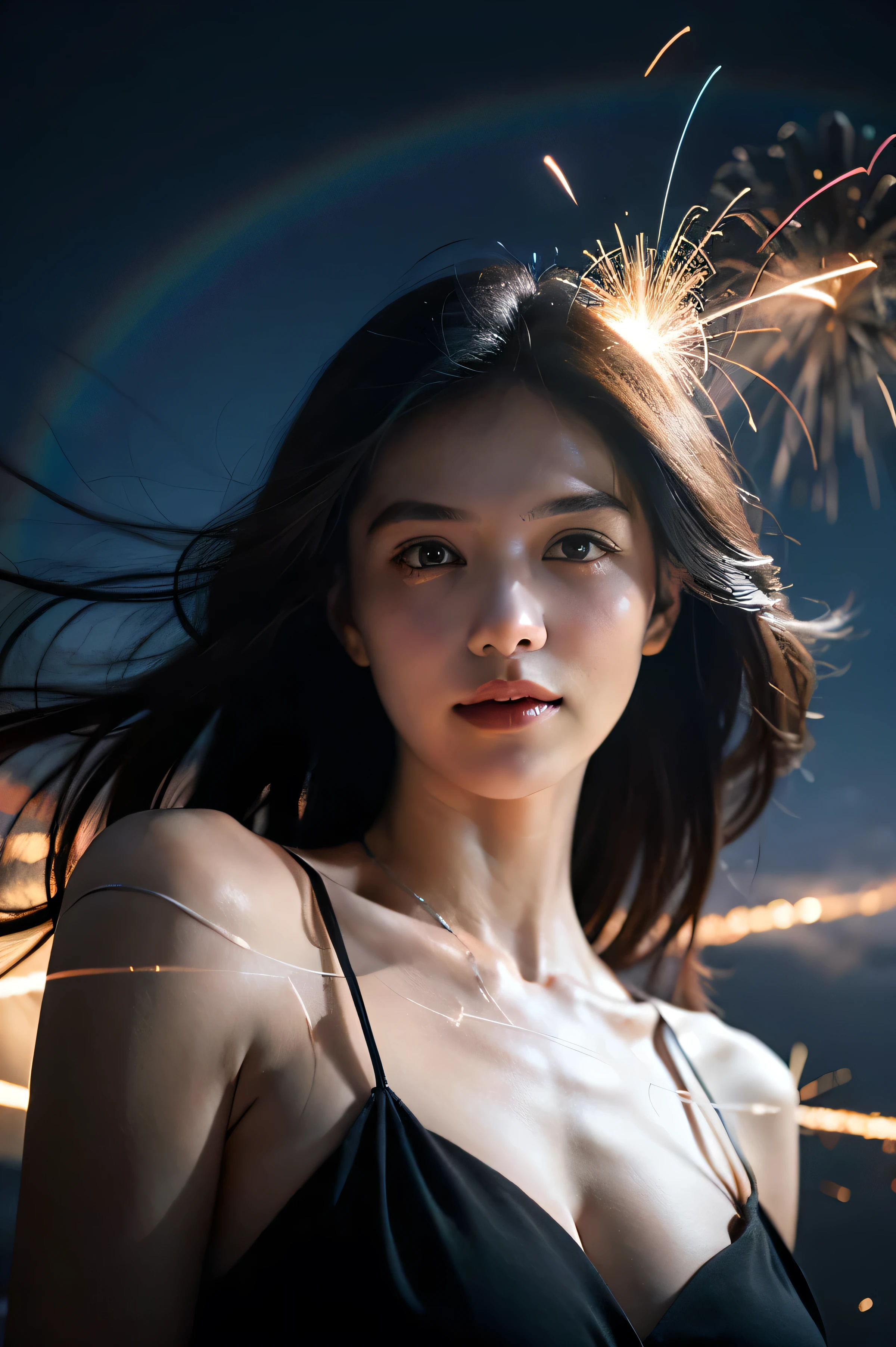 1 Girl, Smile, Rainbow Colors, dramaticangle, space, (Colorful sparks float:1.3), Dramatic Lighting, Chiaroscuro, Evocative depth