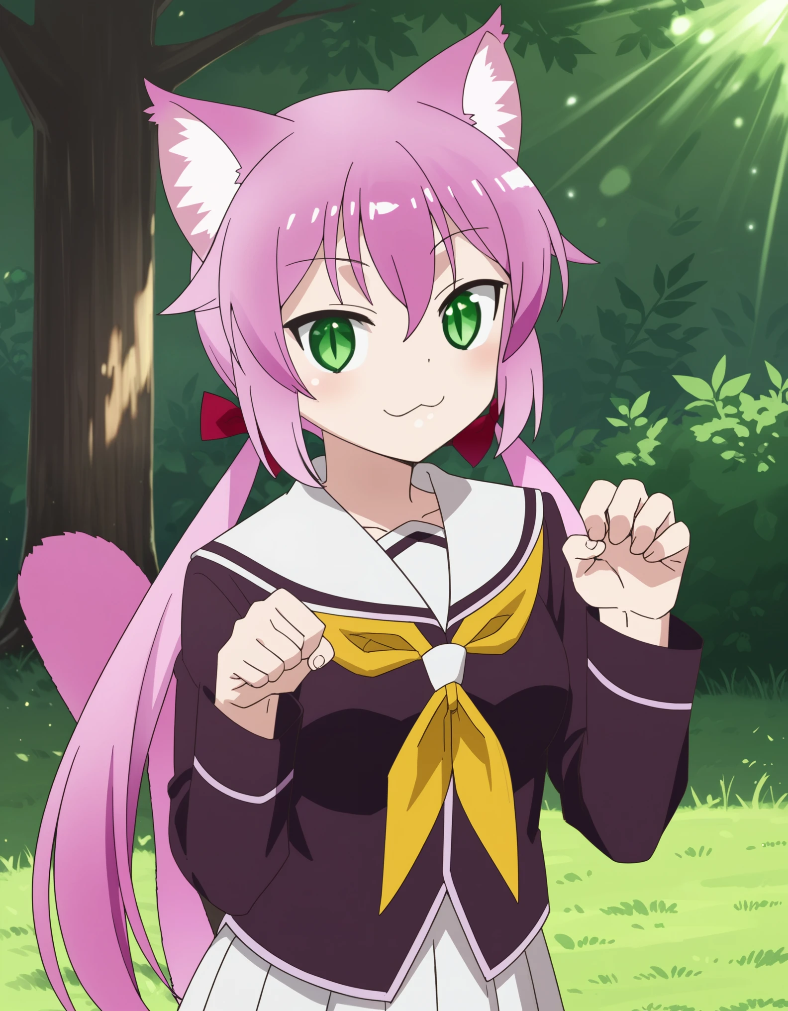 score_9, score_8_up, score_7_up, source_anime, highly detailed,
kurumi, 1girl, animal ears, solo, tail, green eyes, skirt, yellow neckerchief, , long hair, smile, cat ears, upper body, pleated skirt, twintails,
neckerchief, pink hair, animal ear fluff, cat tail, slit pupils
outdoors, grass, cat paw pose, on knees, forest, dappled sunlight