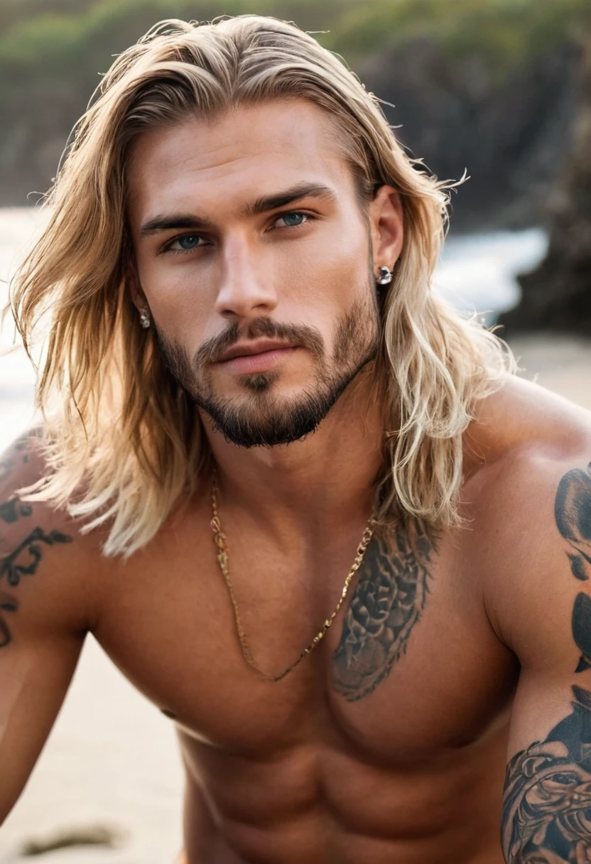 Man with long hair and tattoos on the chest, detailed sharp tattoo, attractive man, muscular man with light tanned skin, shoulder hair - blond length, handsome young man, handsome man, strong men's strong parties, beautiful male face, beautiful attractive face, beaed Face, long beard, blonde and attractive features, perfect beautiful face, long blond hair and blue eyes, her hair is messy and wild, male model, square jaw, attractive man, detailed face, realistic image, he is sitting in Frene to one Sunga beach in pose, participating in a photo shoot, displaying his sexy, muscular and attractive body