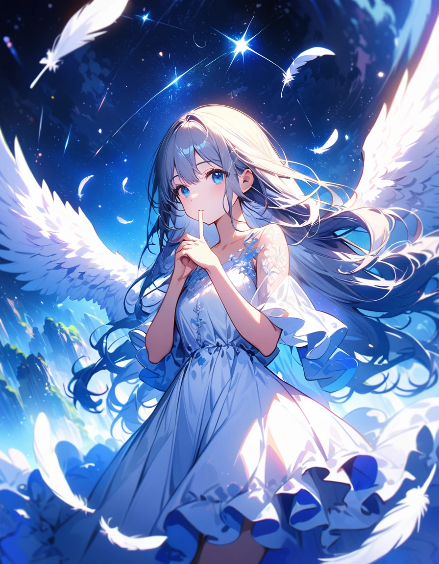 (best quality:1.2),(hands finger 5 digits:1.3),(extremely delicate and beautiful:1.3),(detailed ultra detailed:1.2),(scenery clear details:1.2),(scenery crystal clear :1.2),(solo),(blue eyes),(long white long hair),(white dress),(angel wings),(floating white feathers,starry sky),(clusters of stars,starry sky),(glinting stars),(solo),(long silver long hair),(best quality:1.2),(hands finger 5 digits:1.3),(extremely delicate and beautiful:1.3),(detailed ultra detailed:1.2),(scenery clear details:1.2),