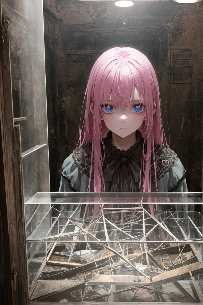 1girll, Pink hair, Blue eyes, ), Face focus, Long hair, side locks, holding teddy bear, Atmospheric lighting, Moody, Darkness, In an abandoned old museum, Clear glass display case full of interesting items, Dusty, Post-apocalypse, spiderwebs, masterful, Beautiful 8k wallpaper, Extremely detailed, Intricate,Bust photo