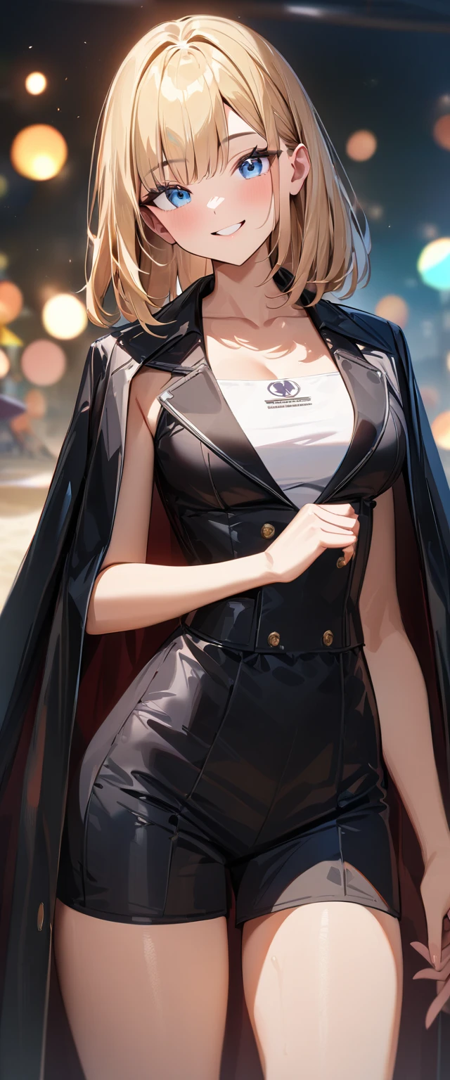 (((One girl))), ((beach)), noon, blond hair, bob cut, breasts, from front, (cowboy shot), standard body, (looking at viewer), military uniform, ((black jacket on shoulders)), teenager, head tilt:1.3, (((blue eye))), ((happy smile)), anime style, (best quality, 4k, 8k, highres, masterpiece:1.2, ultra-detailed, ultra-detailed eyes, HDR, UHD, studio lighting, ultra-fine painting, sharp focus, physically-based rendering, extreme detail description, professional, vivid colors, bokeh), ((Highest quality, Best image quality, Ultra-high resolution, Ultra-high resolution, solo, Strong eye highlights)), Depth of written boundary, Natural soft light, attractive, Beautiful Face, Cleanliness, Pure Face, nedium chest, Beautiful Face, Perfect Fingers, Perfect hands, Perfect body, Perfect Face, Shine a light into your eyes, Perfect Anatomy