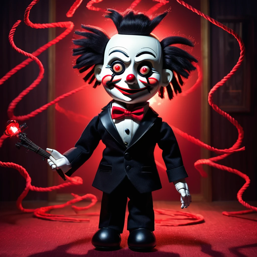 (knitted toy voodoo doll:1.5), (Voodoo Billy the Puppet:1.5), (Clothing: black tuxedo with red bow tie:1.0), (Accessories: red tricycle emitting sparks of eerie magic, levitating spectral puzzle pieces:1.1), (background: dark, ominous room with floating traps, glowing screens, and spectral puppets:1.2), (Face: white with red spiral cheeks and menacing grin:1.4), best quality, masterpiece, detailed soft oil painting, detailed background, dramatic cinematic lighting, soft edge lighting, professional, dramatic lighting, hard edge lighting, ultra quality, 4k, masterpiece, best quality, 8k, ultra high definition, high resolution, extremely detailed