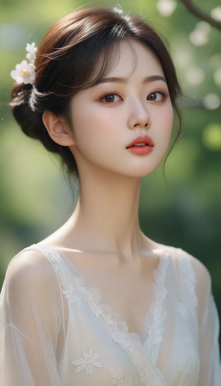 best quality, 4K,8K,realistic, realistic, very detailed, very delicate and beautiful, raw photo, Japanese and Korean beauties,korean beauty,Wear JK, ,big bust,(beautiful detailed eyes,beautiful and delicate lips,Highly detailed eyes and face,long eyelashes), Short hair카락, , In a picturesque garden filled with sunlight. The quality of the work is top notch, 매우 상세한 기능과 realistic, realistic touch. Colors are vibrant,Lighting creates a warm atmosphere, Expressionless mood with tightly closed lips. Short hair, Show your waist, sitting in the park,