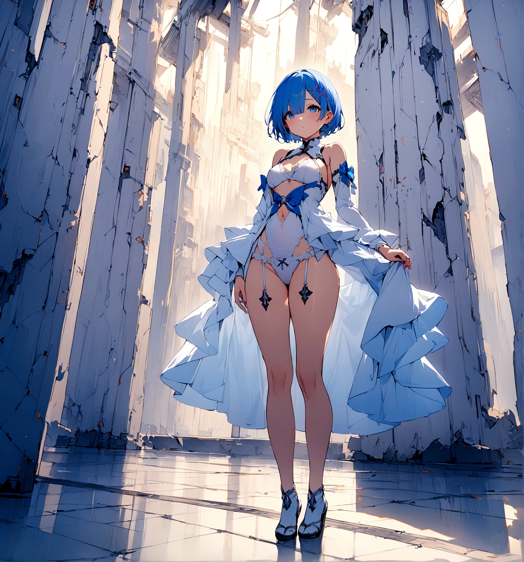 masterpiece, Highest quality, Rem, One Girl, White Lingerie,Beautiful Eyes,Blue Hair,whole body,Are standing