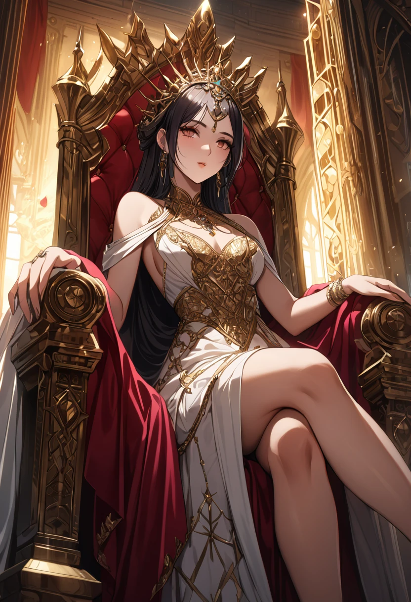 A magnificent Queen sitting on the throne, European, detailed face, intricate dress, ornate throne, luxurious interior, dramatic lighting, cinematic angle, photorealistic, 8k, high resolution, hyper detailed, masterpiece,refiner: woman face